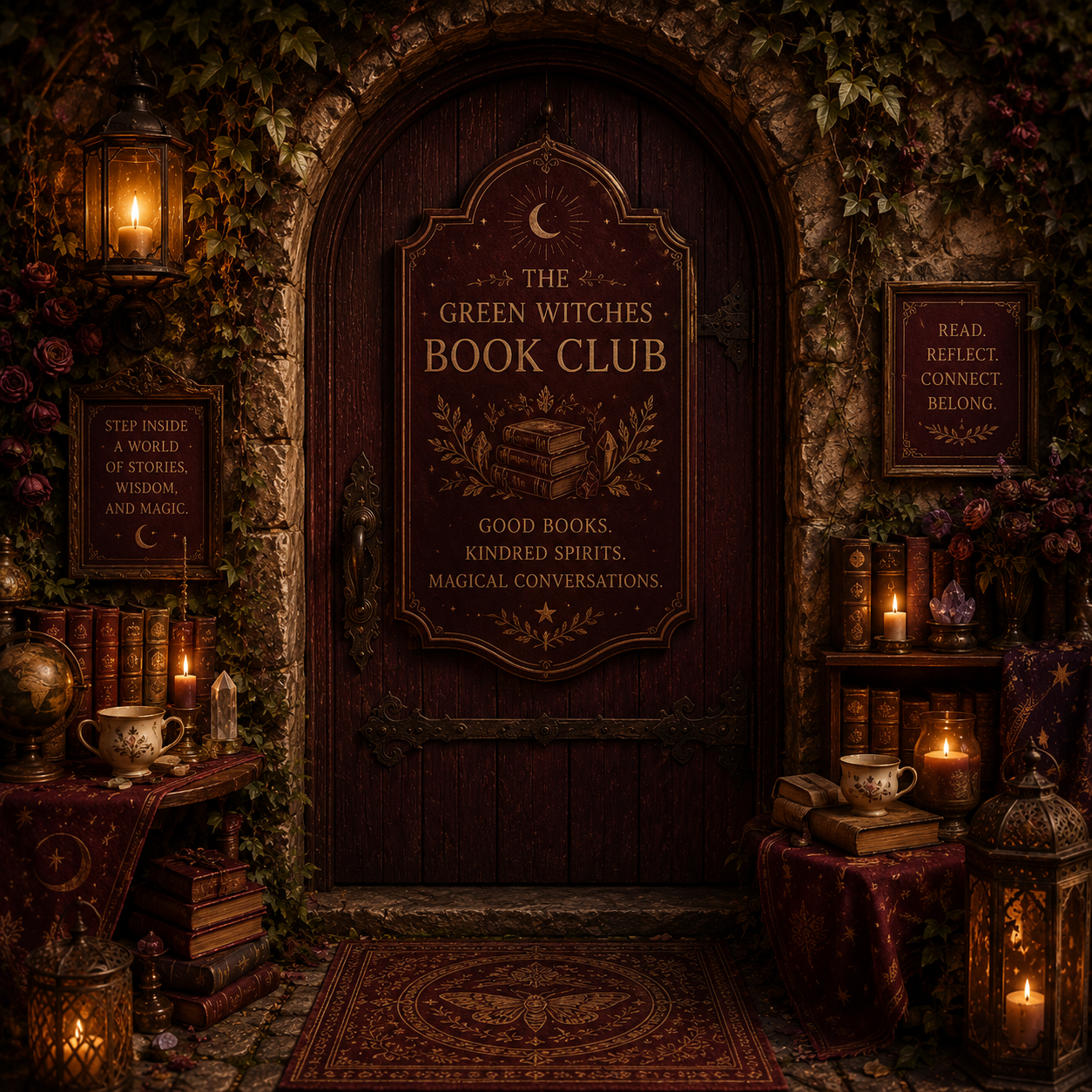 A burgundy library doorway leading to the Green Witches Book Club.