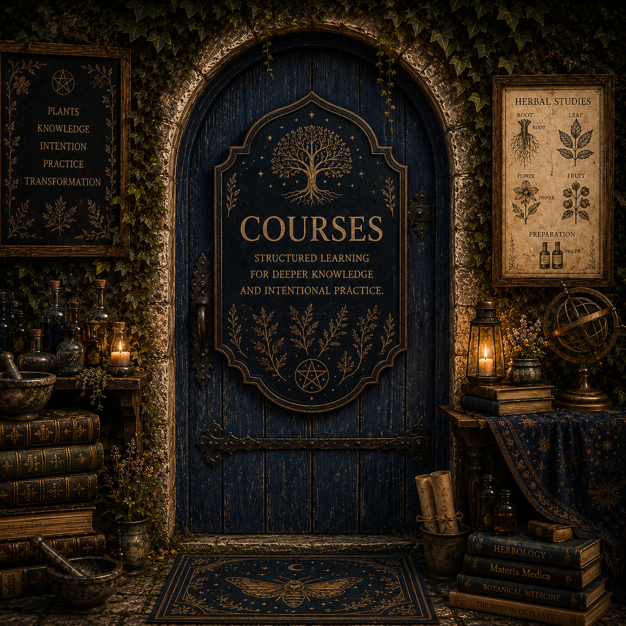 A midnight-blue scholarly doorway leading to Green Witches Corner courses.