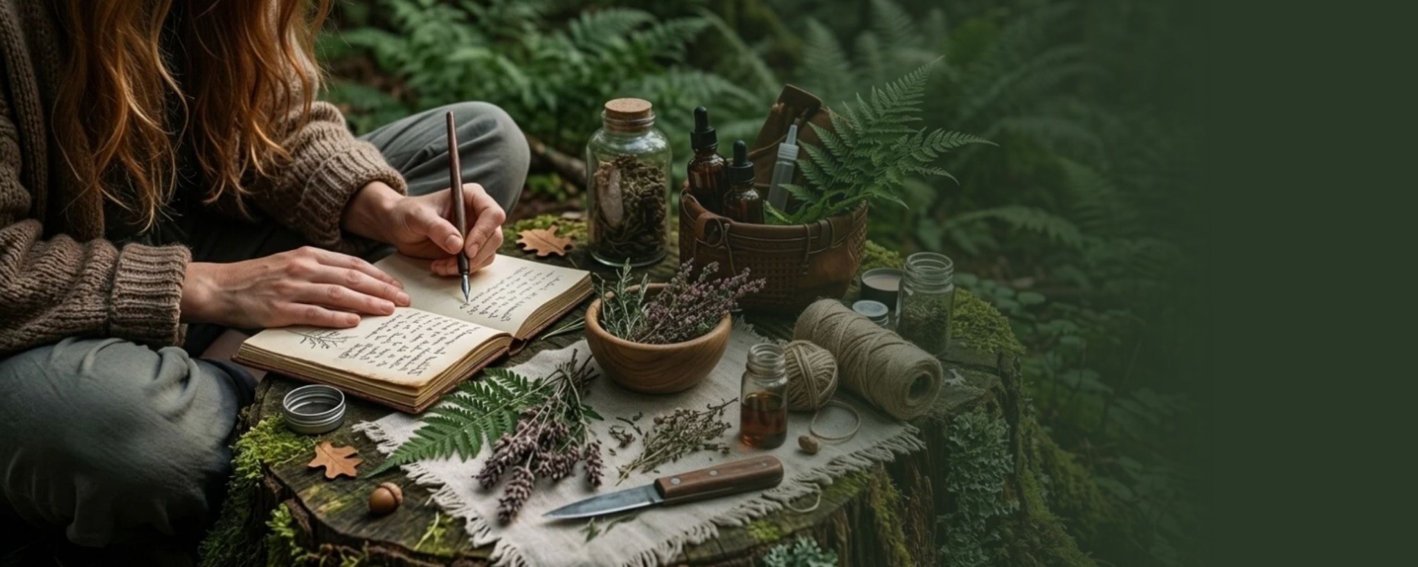 A herbalist writing field notes beside gathered herbs in a fern-filled woodland setting