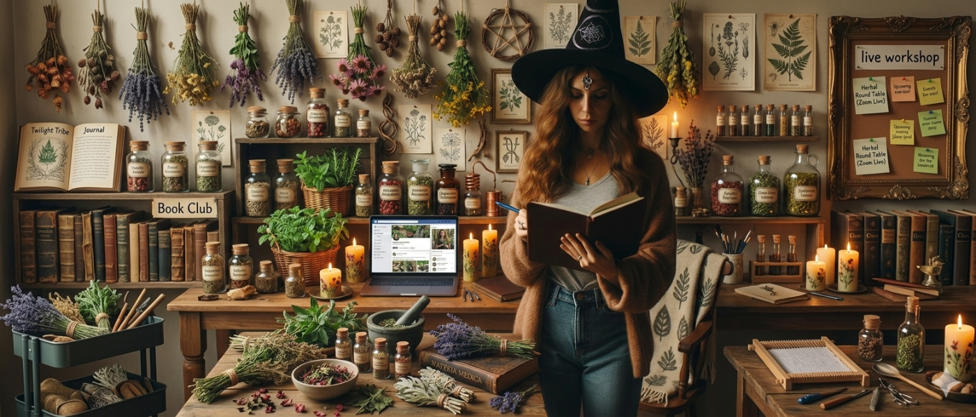 A witch standing inside a warm apothecary workspace filled with herbs, books, candles, and learning materials.