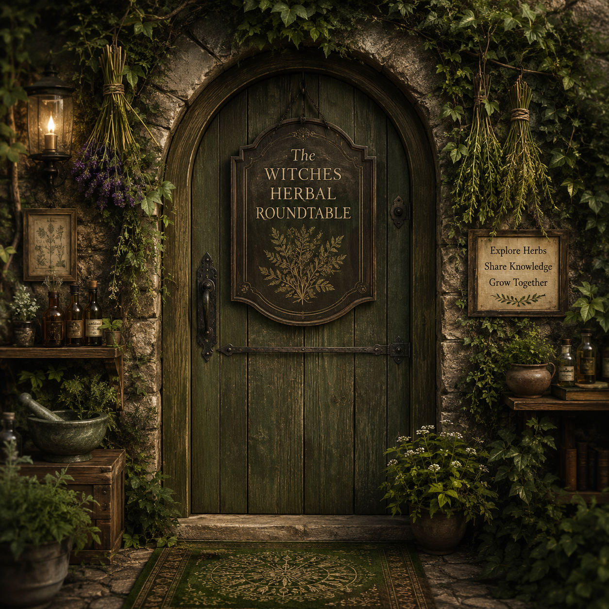 A forest-green botanical doorway leading to the Herbal Roundtable.