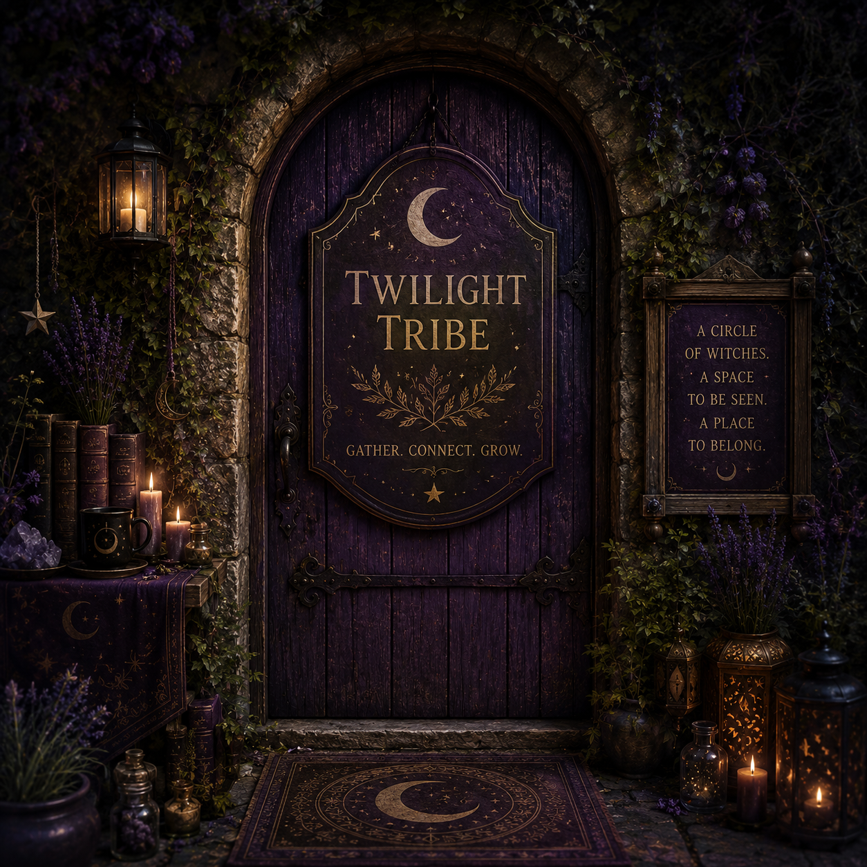 A deep-plum candlelit doorway leading to Twilight Tribe.