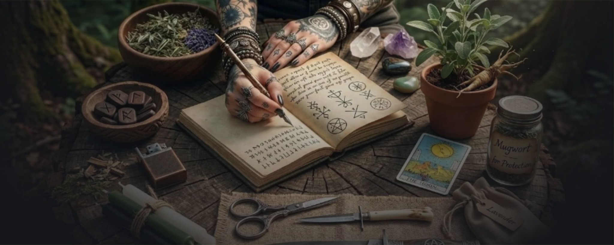 A witch writing in a grimoire among herbs, crystals, runes, and ritual tools in a woodland setting